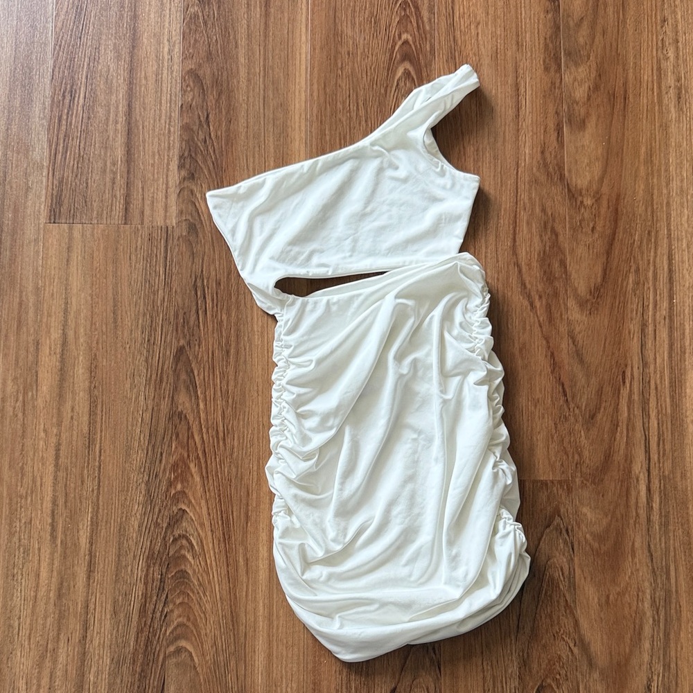 SHEIN White One-Shoulder Ruched Bodycon Dress